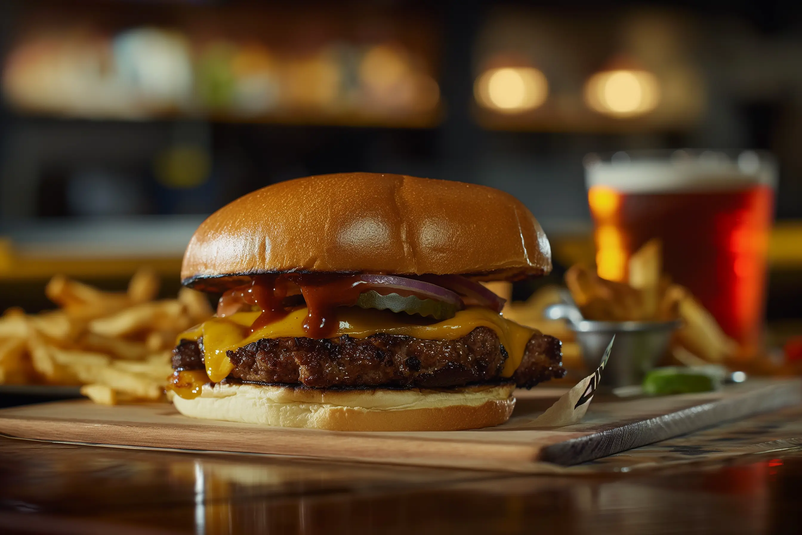 Burger, chips and pint of beer