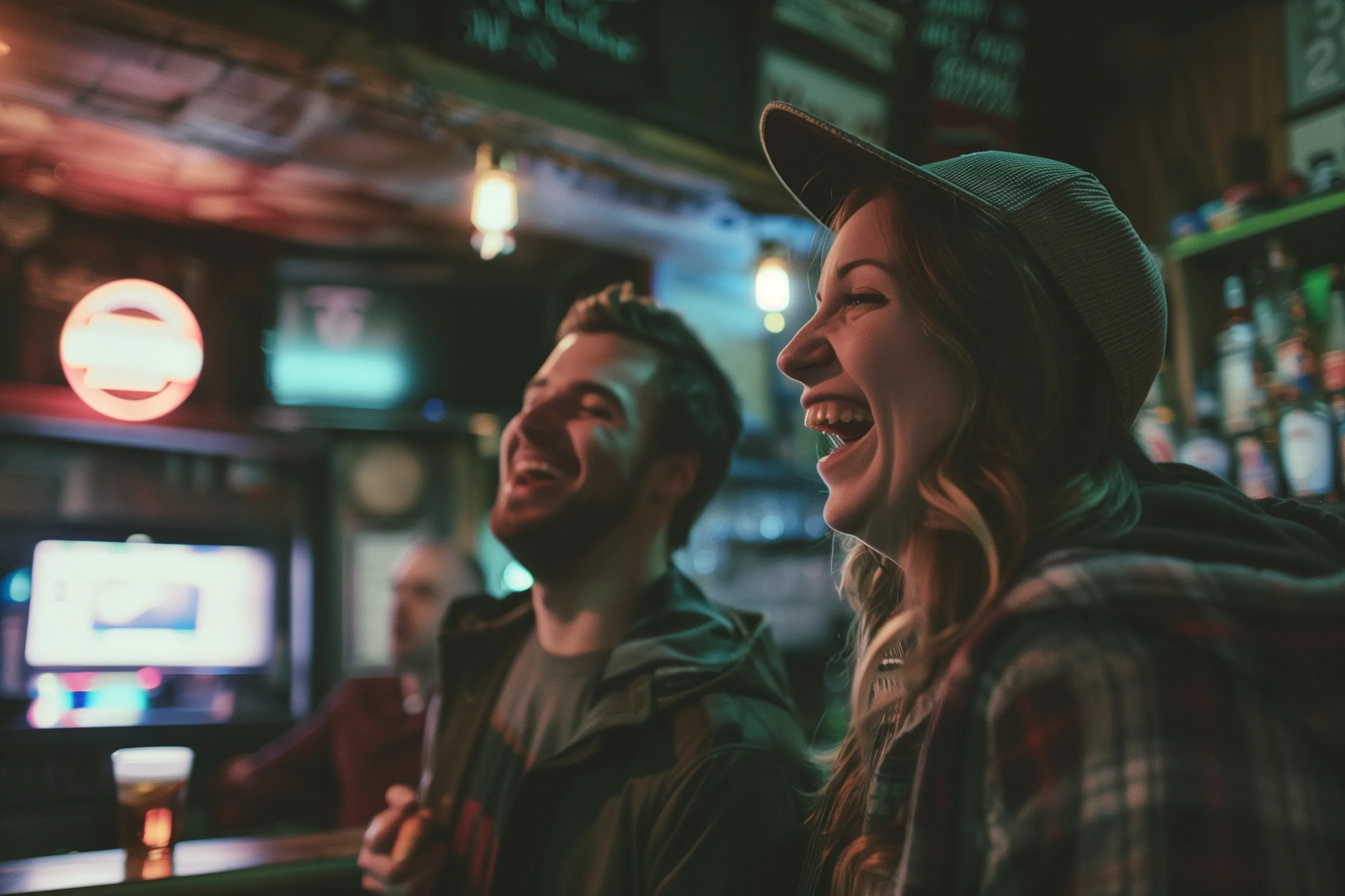 Friends laughing in a sports bar